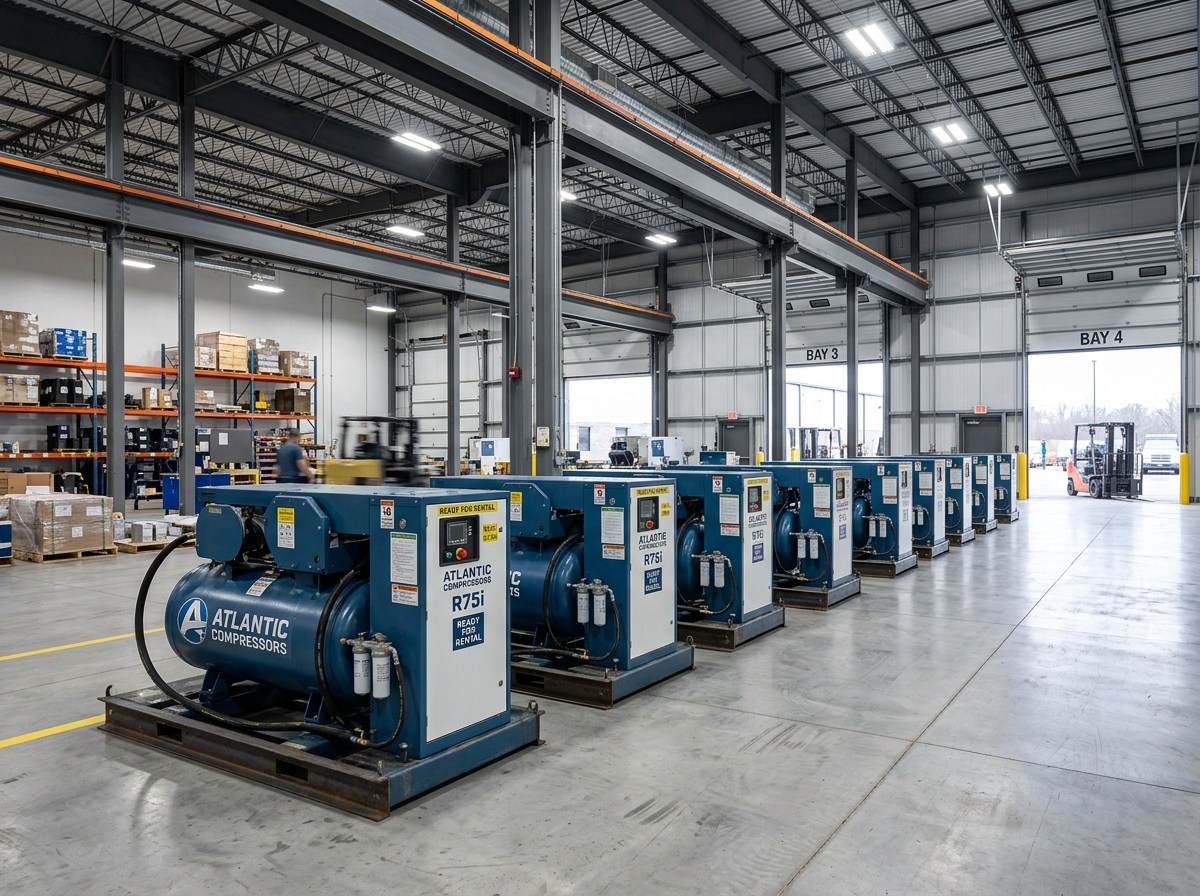 Industrial screw compressors staged in warehouse for rental